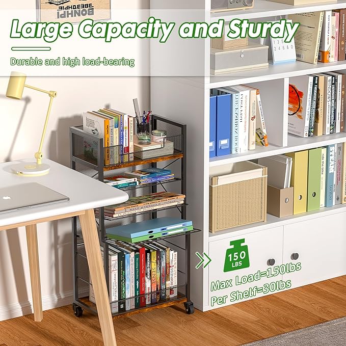Heyexiha 5 Tier Book Shelf with Sliding Trays, Metal & Wooden Bookcase, Durable Rolling Book Cart, Book Shelf with Wheels, Small Book Shelf Storage Bookcase for Living Room, Bedroom, and Home Office - LeafyLoom