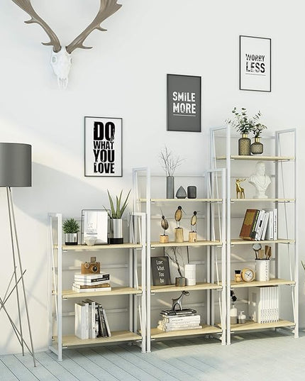 4NM No-Assembly Folding Bookshelf Storage Shelves 5 Tiers Vintage Bookcase Standing Racks Study Organizer Home Office (Natural and White) - LeafyLoom