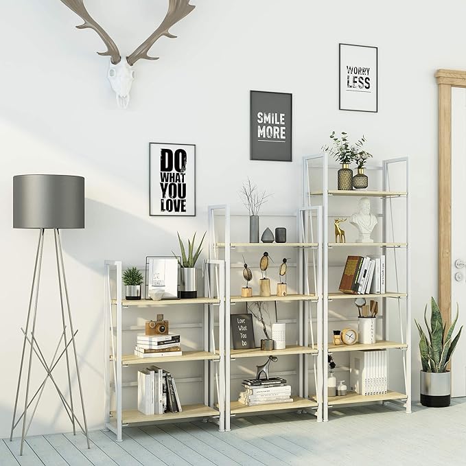 4NM No-Assembly Folding Bookshelf Storage Shelves 5 Tiers Vintage Bookcase Standing Racks Study Organizer Home Office (Natural and White) - LeafyLoom