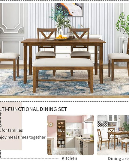 Farmhouse 6-Piece Wood Rectangular Dining Table Set with Bench and 4 Upholstered Chairs for Kitchen, Breakfast Nook, Living Room, Natural Cherry, 60" L x 36" W x 30" H - LeafyLoom