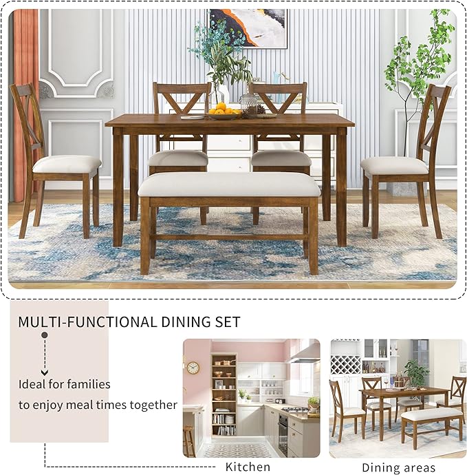 Farmhouse 6-Piece Wood Rectangular Dining Table Set with Bench and 4 Upholstered Chairs for Kitchen, Breakfast Nook, Living Room, Natural Cherry, 60" L x 36" W x 30" H - LeafyLoom