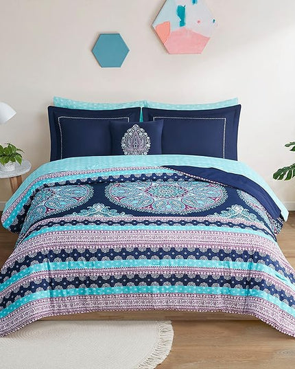 Degrees of Comfort Queen Bed Set, Boho Mandala Comforter Sets with Sheets,Blue Microfibe Bed in A Bag with Side Pockets, Matching Decorative Pillow, 8 Piece Navy - LeafyLoom