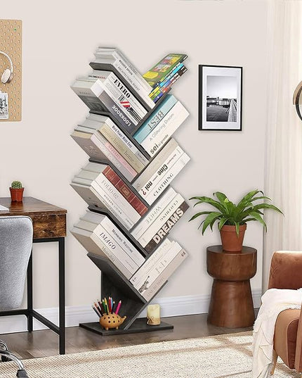 10 Tier Tree Book Shelf, Floor Standing Wood Bookshelf for Narrow Space, Storage Organizer Bookshelves for Books/CDs/Magazine, Bookcase with Shelves for Home Office, Living Room - Light Grey - LeafyLoom