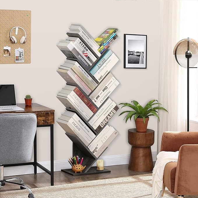 10 Tier Tree Book Shelf, Floor Standing Wood Bookshelf for Narrow Space, Storage Organizer Bookshelves for Books/CDs/Magazine, Bookcase with Shelves for Home Office, Living Room - Light Grey - LeafyLoom