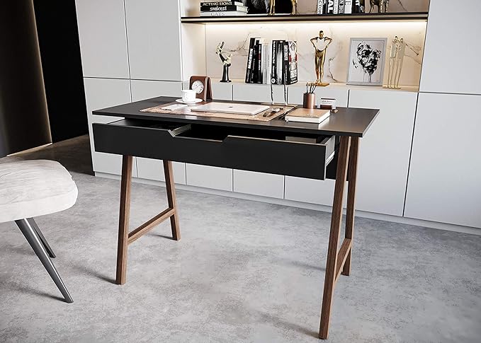 PARMA 42 Inch Modern Desk - Home & Office Small Computer Desk with Wide Drawer - Wooden Study Writing Minimalist Desk with Storage for Small Space, Bedroom & Workstations - Student Desk/Table (Black) - LeafyLoom
