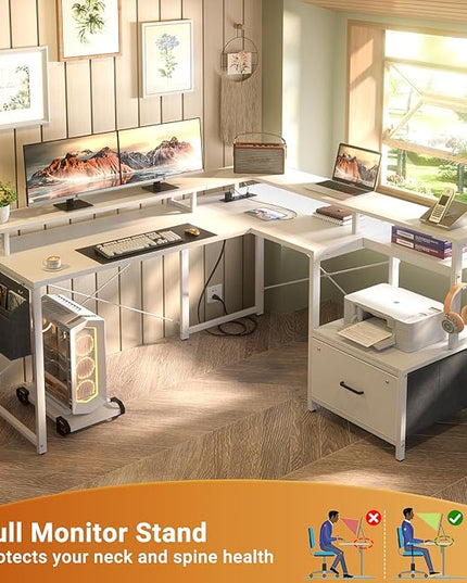 Unikito L Shaped Desk with File Drawer, Reversible L Shaped Computer Desk with Power Outlet & LED Lights, Home Office Desk Corner Desk with Monitor Shelf and Printer Cabinet, Gaming Desk, White - LeafyLoom