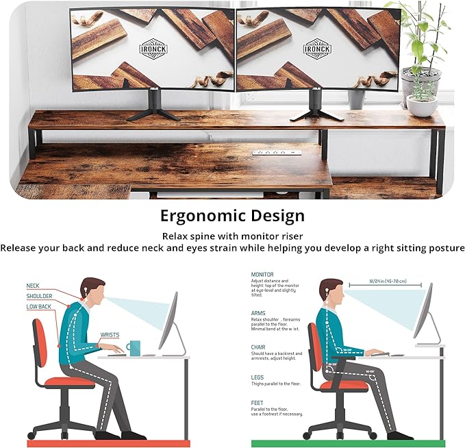 IRONCK L Shaped Computer Desk, 66" Corner Desk with Power Outlet, File Drawer, Keyboard Tray, Riser Monitor Shelf and Storage Bag, Study Writing Table Workstation for Home Office, Vintage Brown - LeafyLoom