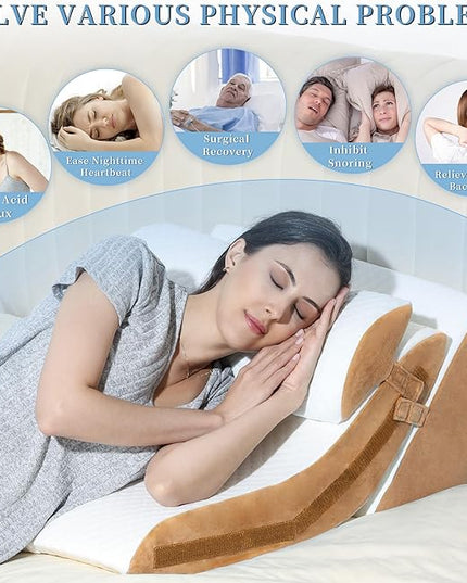 Bed Wedge Pillow for Sleeping 3PCS, 20-in-1 Adjustable Memory Foam Wedge Pillow for Acid Reflux, 3-in-1 Incline Pillow Wedge for After Surgery, Snoring, Back Pain(Brown) - LeafyLoom