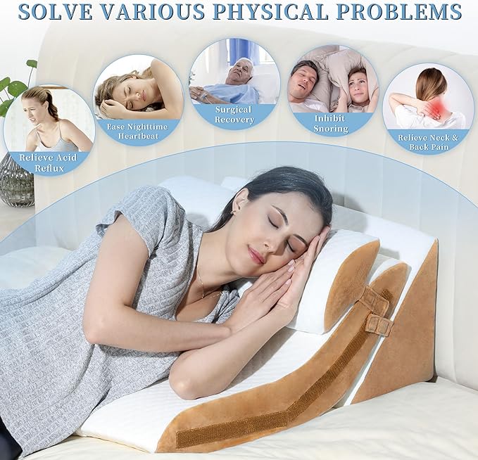 Bed Wedge Pillow for Sleeping 3PCS, 20-in-1 Adjustable Memory Foam Wedge Pillow for Acid Reflux, 3-in-1 Incline Pillow Wedge for After Surgery, Snoring, Back Pain(Brown) - LeafyLoom