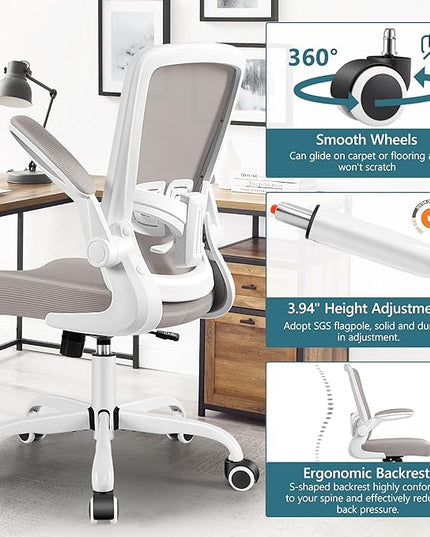 MINLOVE Office Chair Ergonomic Desk Chair with Adjustable Lumbar Support and Height, 90° Flip-up Armrests, Ergo Desk Chairs with Wheels, 360° Swivel Mesh Chair, Home Work Use (Gray) - LeafyLoom