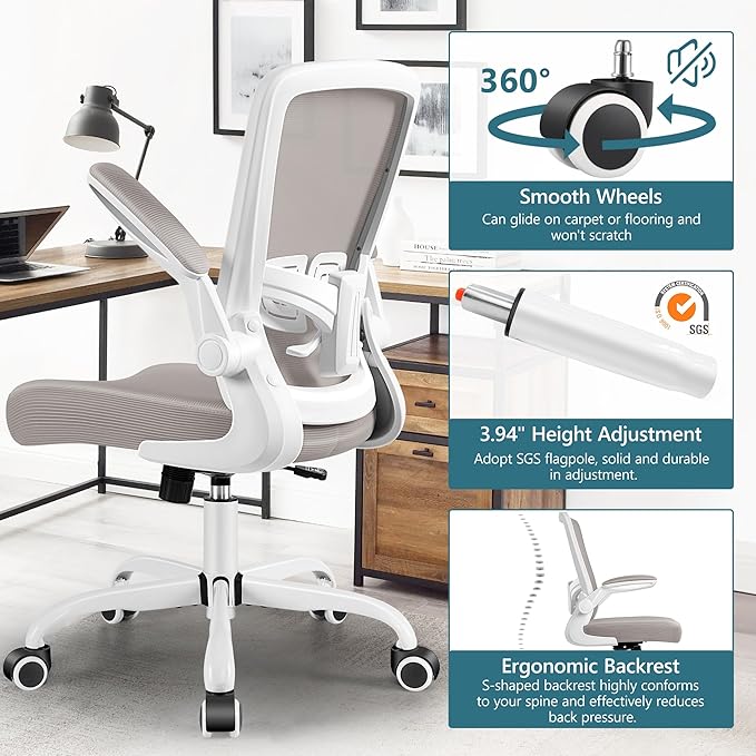 MINLOVE Office Chair Ergonomic Desk Chair with Adjustable Lumbar Support and Height, 90° Flip-up Armrests, Ergo Desk Chairs with Wheels, 360° Swivel Mesh Chair, Home Work Use (Gray) - LeafyLoom