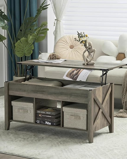 VINGLI Farmhouse Lift Top Coffee Table, Rustic Grey Coffee Table with Lift Top, Lift Up Pop Up Coffee Table with Storage Shelf/Hidden Compartment, Gas Lift Coffee Table Mesa De Centro Para Sala - LeafyLoom