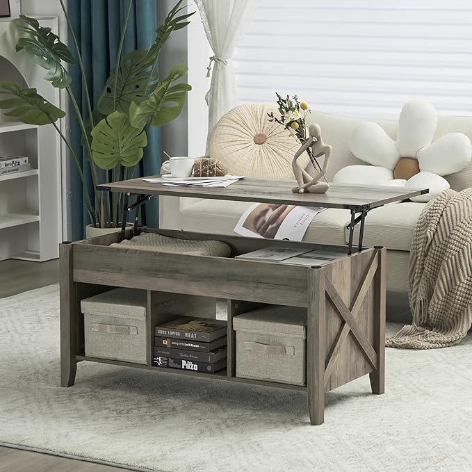 VINGLI Farmhouse Lift Top Coffee Table, Rustic Grey Coffee Table with Lift Top, Lift Up Pop Up Coffee Table with Storage Shelf/Hidden Compartment, Gas Lift Coffee Table Mesa De Centro Para Sala - LeafyLoom
