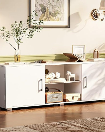 TV Stand for 55 Inch TV, Entertainment Center with Storage, 2 Cabinets, TV Console Media Cabinet with 6 Cable Holes, White TV Stand for Living Room, Bedroom - LeafyLoom