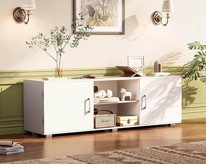 TV Stand for 55 Inch TV, Entertainment Center with Storage, 2 Cabinets, TV Console Media Cabinet with 6 Cable Holes, White TV Stand for Living Room, Bedroom - LeafyLoom