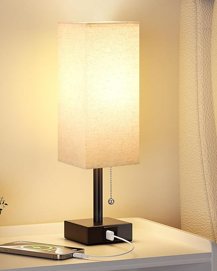 Small Linen Bedroom Lamp - 3 Color Temperature 3000K 5000K 4000K Bedside Lamp, Pull Chain Control, USB A and C Charging Ports, Black Base, for Kids Office Dorm, Bulb Included - LeafyLoom