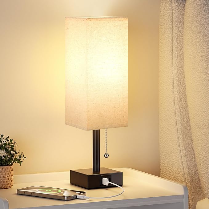 Small Linen Bedroom Lamp - 3 Color Temperature 3000K 5000K 4000K Bedside Lamp, Pull Chain Control, USB A and C Charging Ports, Black Base, for Kids Office Dorm, Bulb Included - LeafyLoom