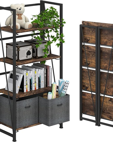4NM No-Assembly Folding Bookshelf Storage Shelves 4 Tiers Vintage Bookcase Standing Racks Study Organizer Home Office (Rustic Brown and Black) - LeafyLoom