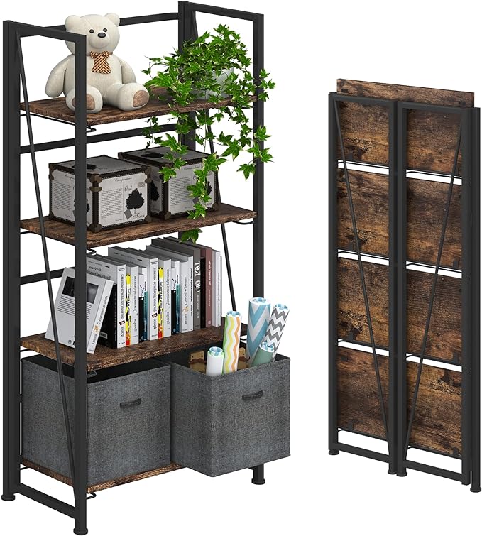4NM No-Assembly Folding Bookshelf Storage Shelves 4 Tiers Vintage Bookcase Standing Racks Study Organizer Home Office (Rustic Brown and Black) - LeafyLoom