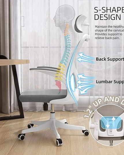 Office Chair, Ergonomic Office Chair, Home Office Desk Chairs with Lumbar Support, 3D Headrest and Flip Up Arms, Rockable Swivel Computer Chair Grey Mesh Chair for Home Office - LeafyLoom