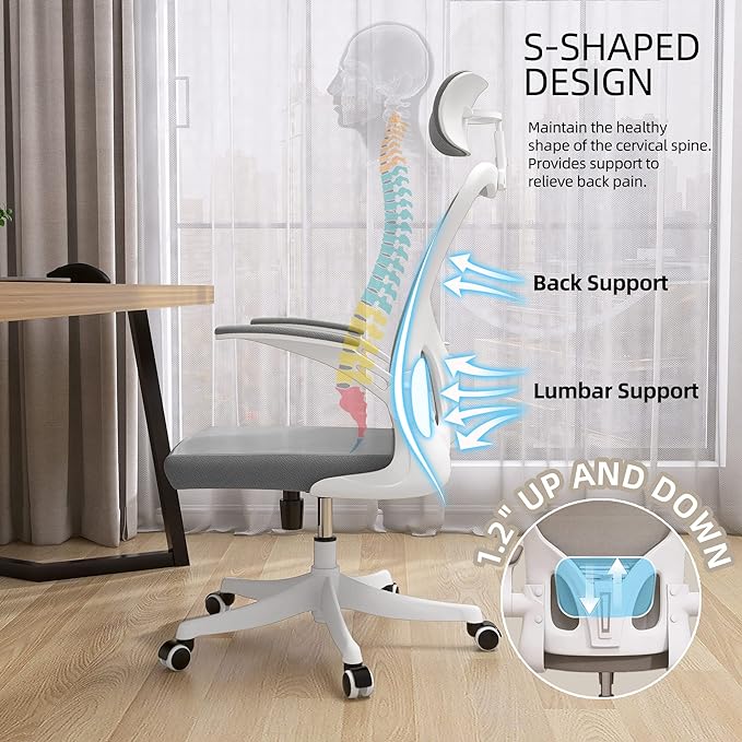 Office Chair, Ergonomic Office Chair, Home Office Desk Chairs with Lumbar Support, 3D Headrest and Flip Up Arms, Rockable Swivel Computer Chair Grey Mesh Chair for Home Office - LeafyLoom
