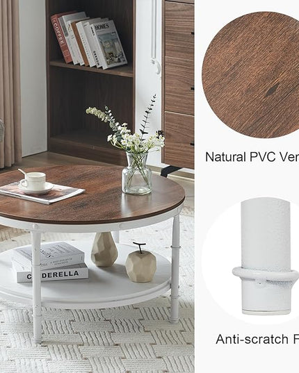 VINGLI 31.5" Rustic Oak White Wood Round Farmhouse Coffee Table, 2-Tier Storage Wood Center Circle Accent Table for Living Room, Bedroom, Apartment, Studio and Small Spaces, Sturdy Metal Frame - LeafyLoom