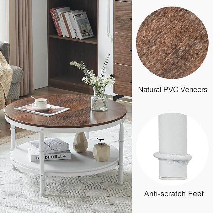 VINGLI 31.5" Rustic Oak White Wood Round Farmhouse Coffee Table, 2-Tier Storage Wood Center Circle Accent Table for Living Room, Bedroom, Apartment, Studio and Small Spaces, Sturdy Metal Frame - LeafyLoom