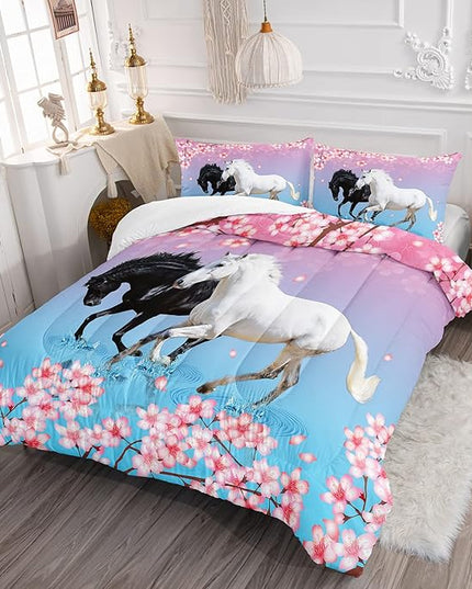 Kid Horse Comforter Set Room Floral Animal Theme Handsome Horse Chic Cherry Blossom Bedding Set 3D Wild Animal Decor Quilt Set for Girls Adult, 1 Comforter + 2 Pillowcases - LeafyLoom