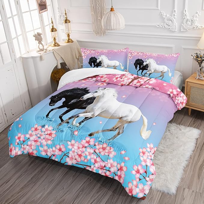 Kid Horse Comforter Set Room Floral Animal Theme Handsome Horse Chic Cherry Blossom Bedding Set 3D Wild Animal Decor Quilt Set for Girls Adult, 1 Comforter + 2 Pillowcases - LeafyLoom
