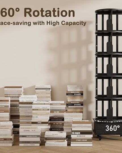 Solid Wood Rotating Book Shelf, 360° Display Bookcase with Drawer, 5-Tier Mobile Bookshelf with Wheels, 79" Tall Bookcase for Narrow Space, Spinning Bookshelf Tower for Home Office, Study Room, Black - LeafyLoom