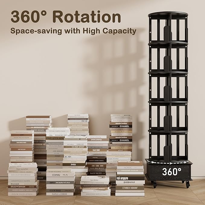 Solid Wood Rotating Book Shelf, 360° Display Bookcase with Drawer, 5-Tier Mobile Bookshelf with Wheels, 79" Tall Bookcase for Narrow Space, Spinning Bookshelf Tower for Home Office, Study Room, Black - LeafyLoom