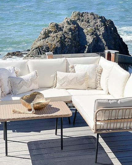 YITAHOME 4 Pieces Patio Furniture Set, Outdoor Rattan Woven Conversation Sectional L-Shaped Sofa with 5 Seater for Backyard, Porch, Boho Detachable Lounger with Cushions and Side Table - Beige - LeafyLoom