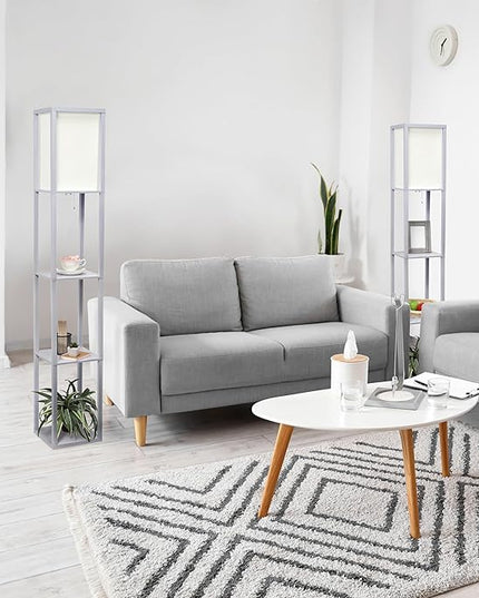 Simple Designs LF1014-GRY-2PK Three Shelf Etagere Organizer Storage Floor Lamp 2 Pack Set with White Linen Shade for Living Room, Bedroom, Office, Hallway, Gray - LeafyLoom