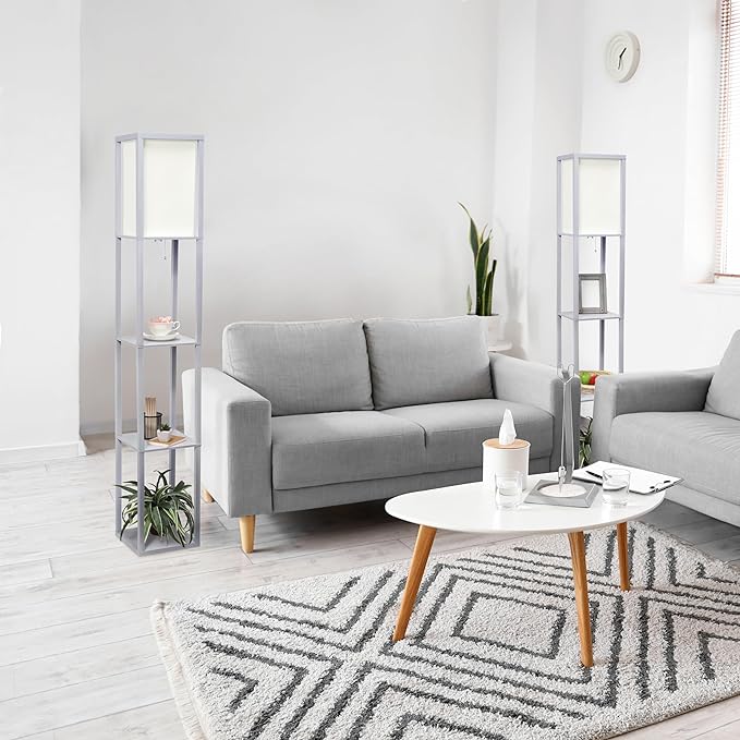 Simple Designs LF1014-GRY Etagere Organizer Storage Shelf Linen Shade Floor Lamp, Gray - LeafyLoom