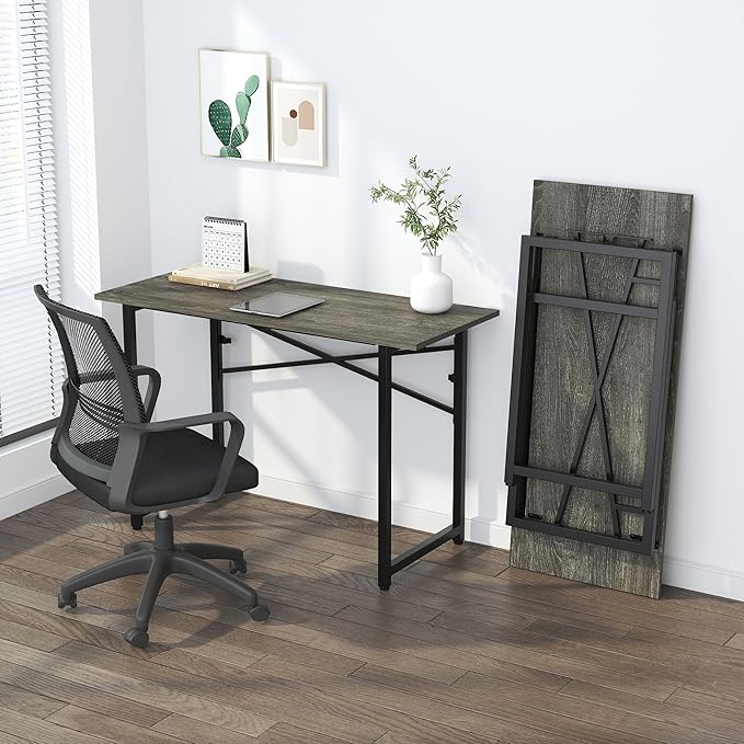 47 inch Folding Desk, Writing Gaming Computer Camping Table, No Assembly Required Home Office Desk, Black Oak - LeafyLoom