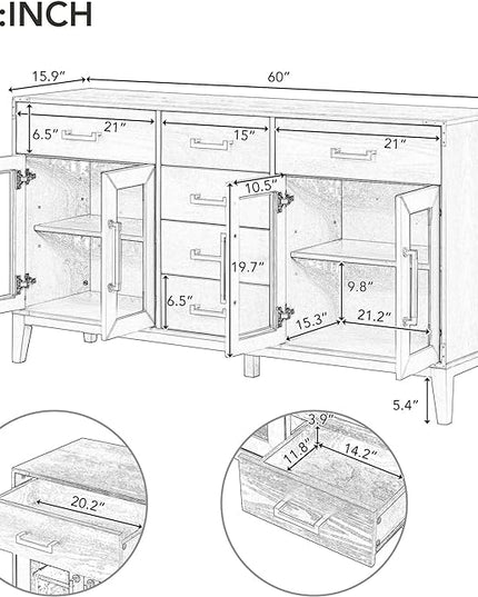 60" Retro Sideboard with 6-Drawer and 2-Cabinet,Multifunctional Buffet,w/Gold Handles & Solid Wood Legs,Extra Large Storage Space,for Kitchen and Living Room,Antique Blue - LeafyLoom