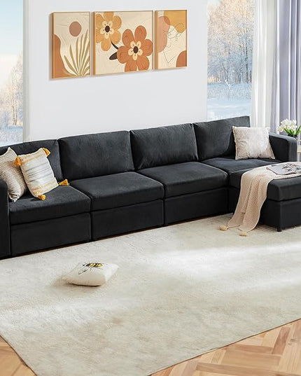 Sweetcrispy Convertible Modular Sectional Sofa, 5 Seat Sectional Couches for Living Room, L-Shaped Modern Fabric Modular Sofa Sleeper with Double Chaise for Home, Apartment, Dorm, Dark Grey - LeafyLoom