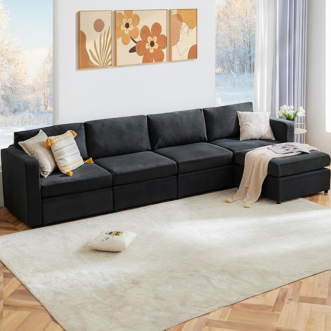 Sweetcrispy Convertible Modular Sectional Sofa, 5 Seat Sectional Couches for Living Room, L-Shaped Modern Fabric Modular Sofa Sleeper with Double Chaise for Home, Apartment, Dorm, Dark Grey - LeafyLoom