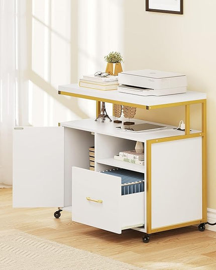 YITAHOME Wood File Cabinet with Charging Station, Rolling Filing Cabinet Cart with Door, Industrial Nightstand with Printer Shelf for Home Office, Bedroom, Living Room, Entryway, Gold and White - LeafyLoom