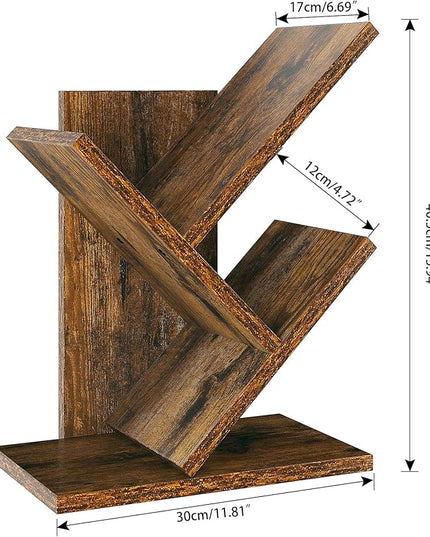 YMYNY 2 Tier Tree Bookshelf, Small Bookcase, Modern Wood Book Storage Rack Organizer, Freestanding Book shelf for Books/Movies/CDs, Display Rack for Bedroom, Home Office, Rustic Brown UHBC012H - LeafyLoom