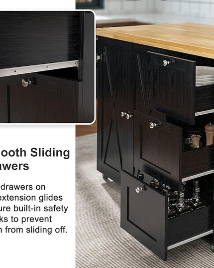 IRONCK Rolling Kitchen Island Cart with Drop-Leaf Countertop, Barn 3Drawers, Barn Door Style Cabine,Thicker Rubberwood Top, Spice Rack, on Wheels, for Kitchen and Dining Room, Black - LeafyLoom