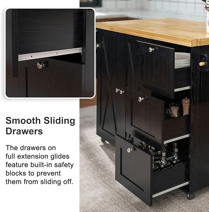 IRONCK Rolling Kitchen Island Cart with Drop-Leaf Countertop, Barn 3Drawers, Barn Door Style Cabine,Thicker Rubberwood Top, Spice Rack, on Wheels, for Kitchen and Dining Room, Black - LeafyLoom