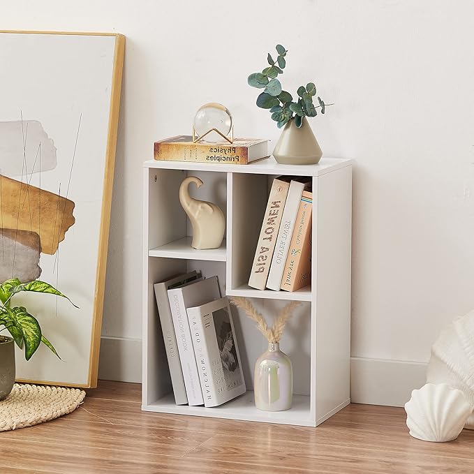 VECELO Small White Bookshelf, 3 Cube Shelf, Fits Tallest Hardcovers, Horizontal Available, Short Bookcase for Small Spaces, Pearl White - LeafyLoom