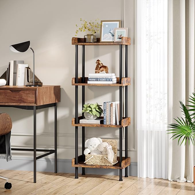 Bookcase 4 Tier Bookshelf, Vintage Small Bookshelf for Small Spaces, Wooden Book Shelf Small Bookcase for Living Room Bedroom - LeafyLoom