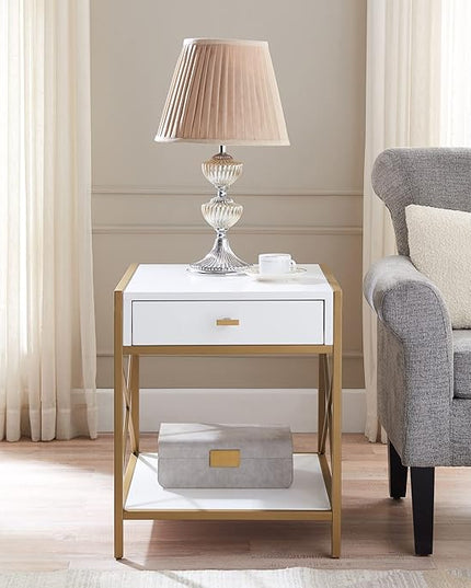 Leick Home 9206-WTGL Claudette One Drawer Mixed Metal and Wood Side Table with Shelf, White/gold - LeafyLoom