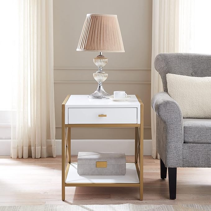 Leick Home 9206-WTGL Claudette One Drawer Mixed Metal and Wood Side Table with Shelf, White/gold - LeafyLoom