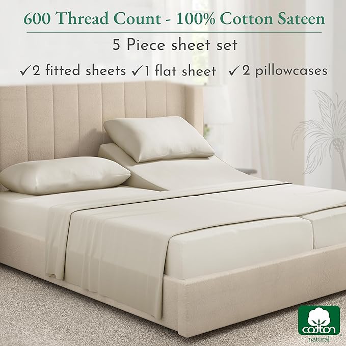 California Design Den Split King Sheet Set - 100% Cotton, 600 Thread Count, Breathable Luxury King Size Sheets for Adjustable Bed, Luxury Soft Hotel-Quality Sheets with Sateen Weave - Ivory - LeafyLoom