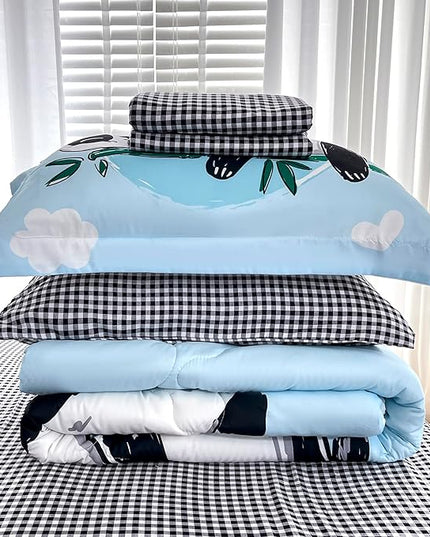 Wajade Kids Panda Comforter Set Bed in A Bag Full Size 7 Piece Blue 3D Cute Panda Bamboo Clouds Bedding Set for Girls Boys (1 Comforter, 1 Flat Sheet, 1 Fitted Sheet, 2 Pillowcase and 2 Pillow Sham) - LeafyLoom