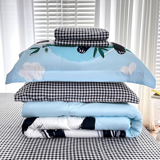 Wajade Kids Panda Comforter Set Bed in A Bag Full Size 7 Piece Blue 3D Cute Panda Bamboo Clouds Bedding Set for Girls Boys (1 Comforter, 1 Flat Sheet, 1 Fitted Sheet, 2 Pillowcase and 2 Pillow Sham) - LeafyLoom