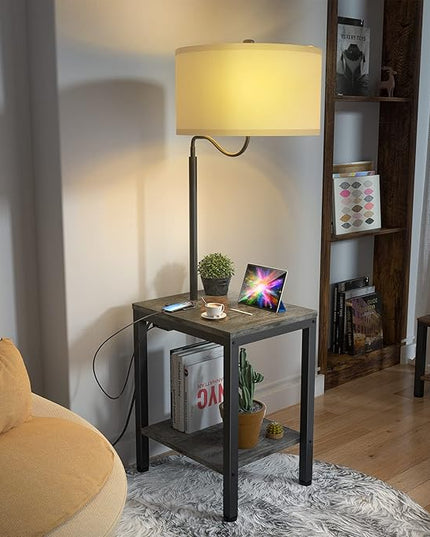 LED Floor Lamp with Table - End Table with USB Charging Port, Power Outlet, Bedside Nightstand Shelves, Side Table with Reading Standing Light for Living Room, Black Oak, Bulb Included, 2 Pack - LeafyLoom